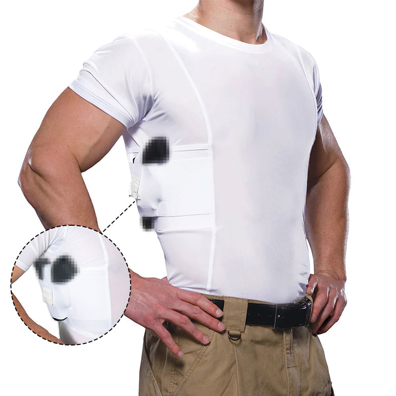 Men's concealed carry holster shirt by eprolo, short sleeve tactical tee with side pistol pockets and EDC base layer design.