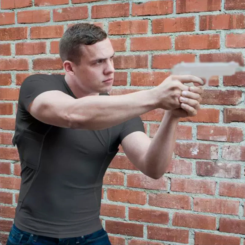 Men's tactical short sleeve shirt by eprolo with concealed carry holster and side pistol pockets, ideal for EDC and tactical use.