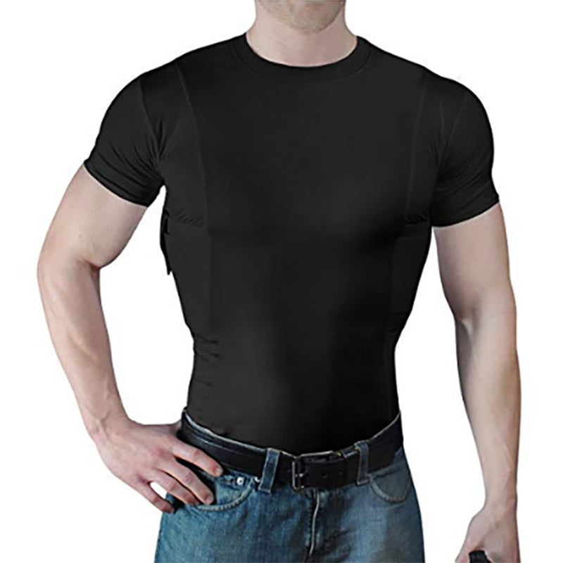 Men's tactical short sleeve shirt by eprolo with concealed carry holster and side pistol pockets, ideal for EDC and tactical use.