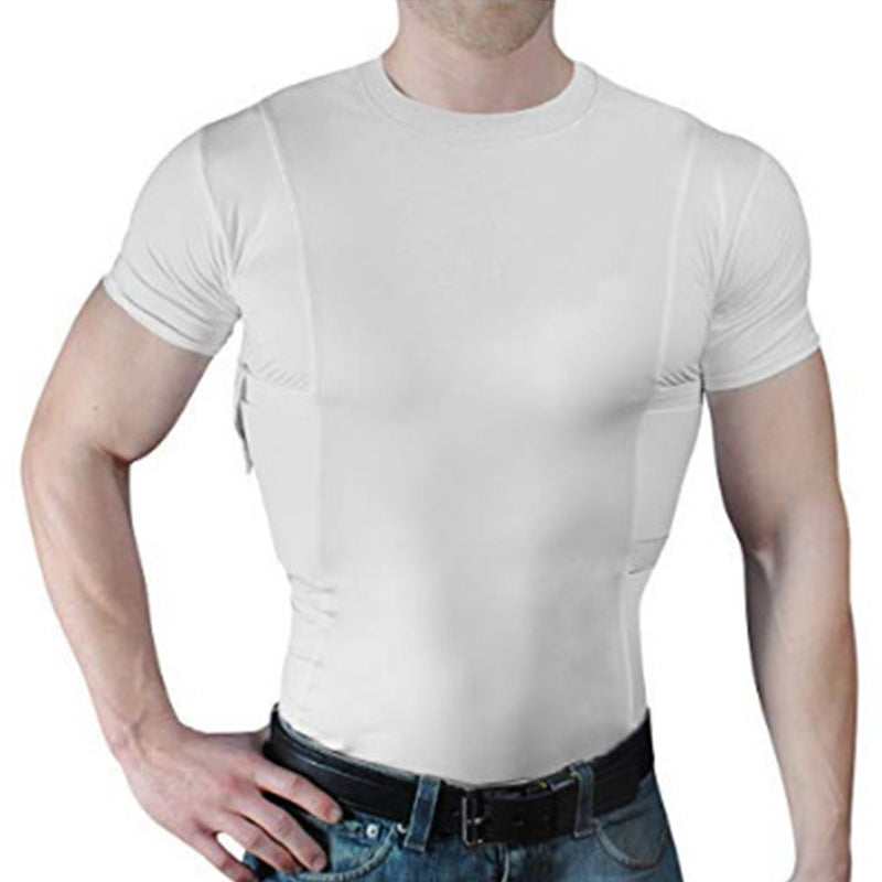Men's tactical short sleeve shirt by eprolo with concealed carry holster design and side pistol pockets, EDC base layer for everyday carry.