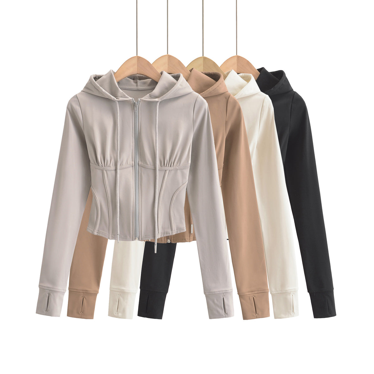 Slim fit drawstring hooded zipper top - American Smart