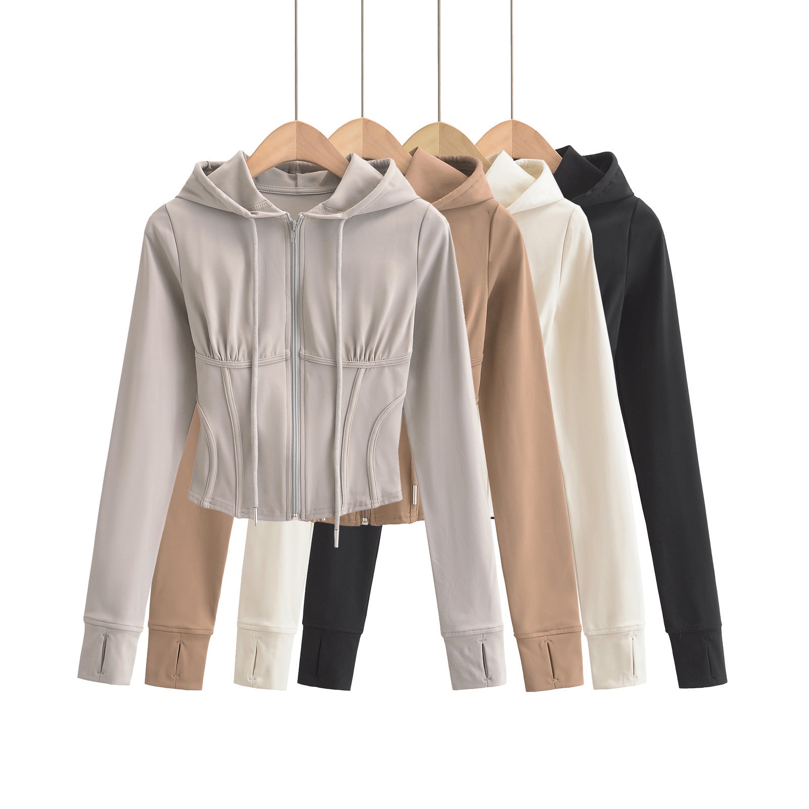 Slim fit drawstring hooded zipper top - American Smart