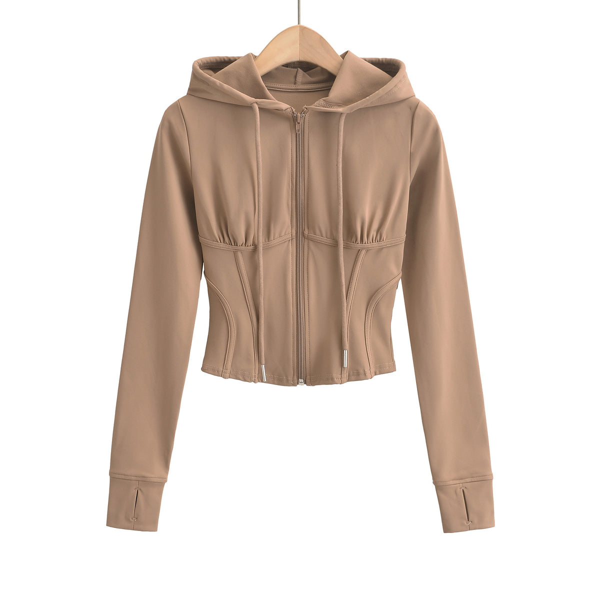 Slim fit drawstring hooded zipper top - American Smart