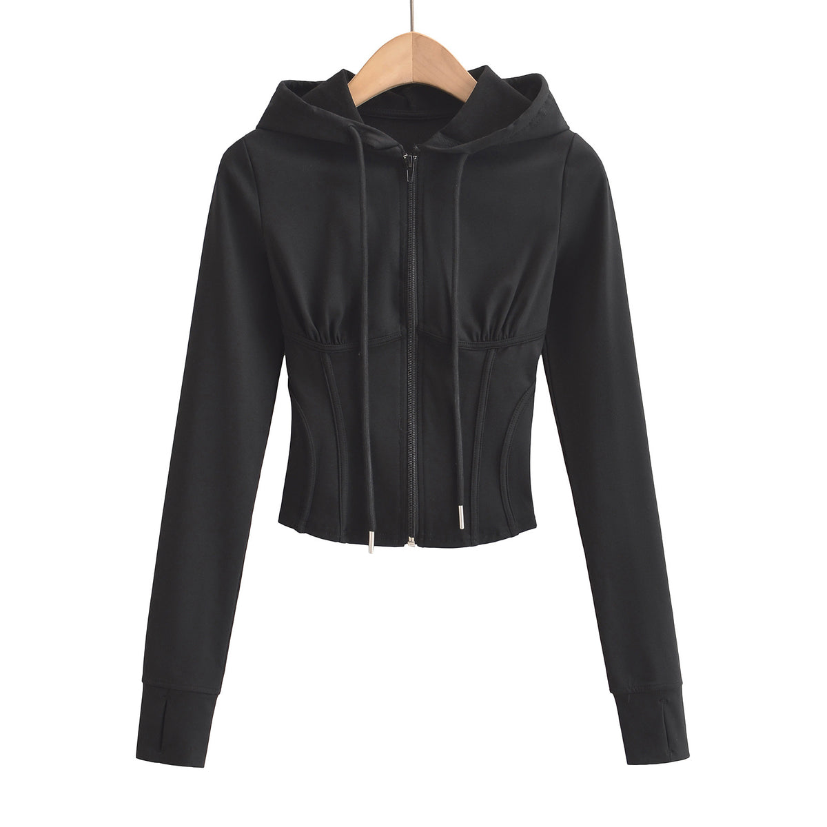 Slim fit drawstring hooded zipper top - American Smart