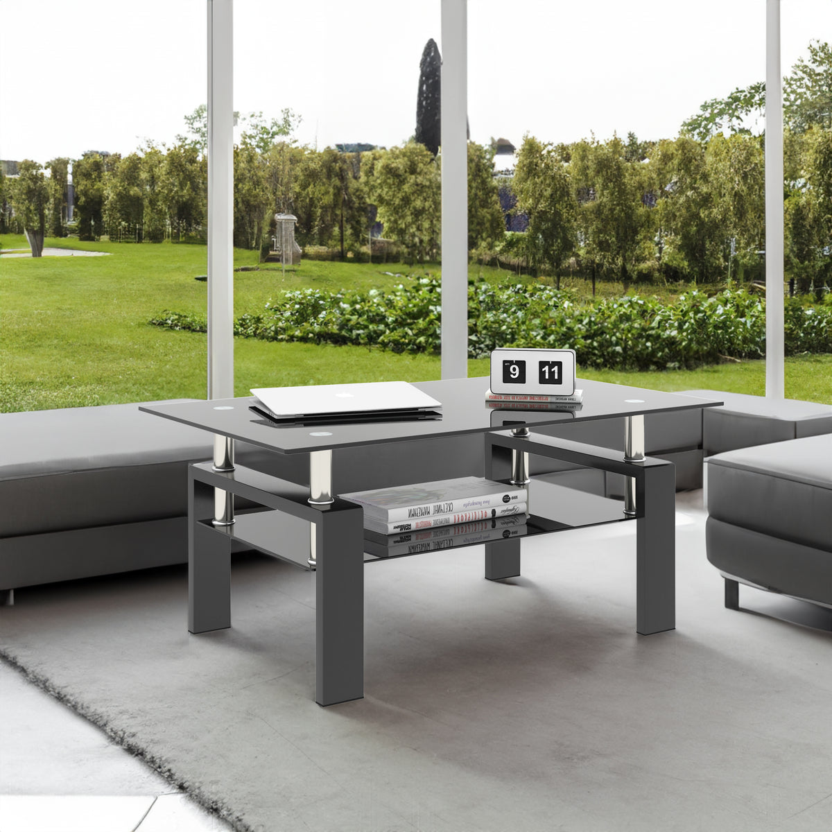 Set of 2, Modern Tempered Glass Tea Table Coffee Table End Table, Square Table for Living Room, Black - American Smart
