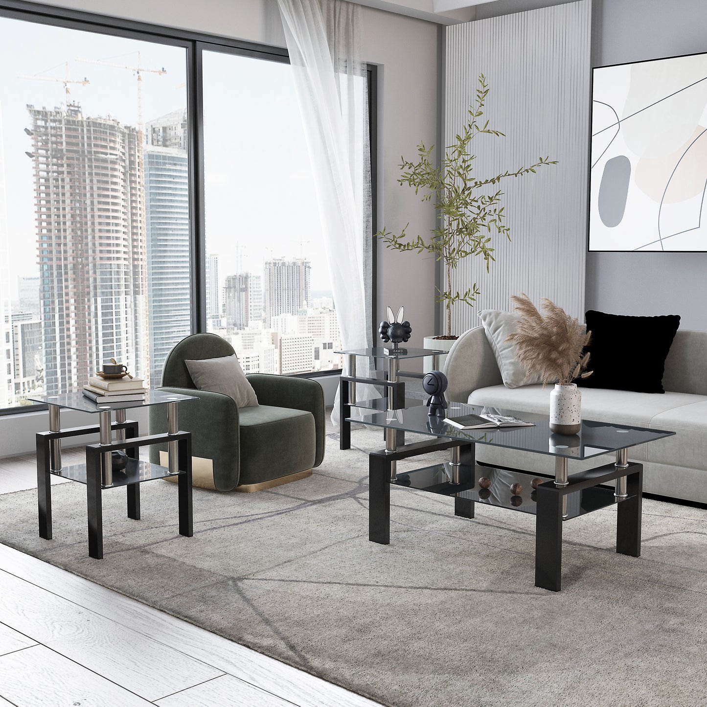 Set of 2, Modern Tempered Glass Tea Table Coffee Table End Table, Square Table for Living Room, Black - American Smart