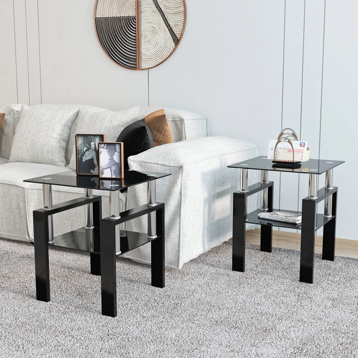 Set of 2, Modern Tempered Glass Tea Table Coffee Table End Table, Square Table for Living Room, Black - American Smart