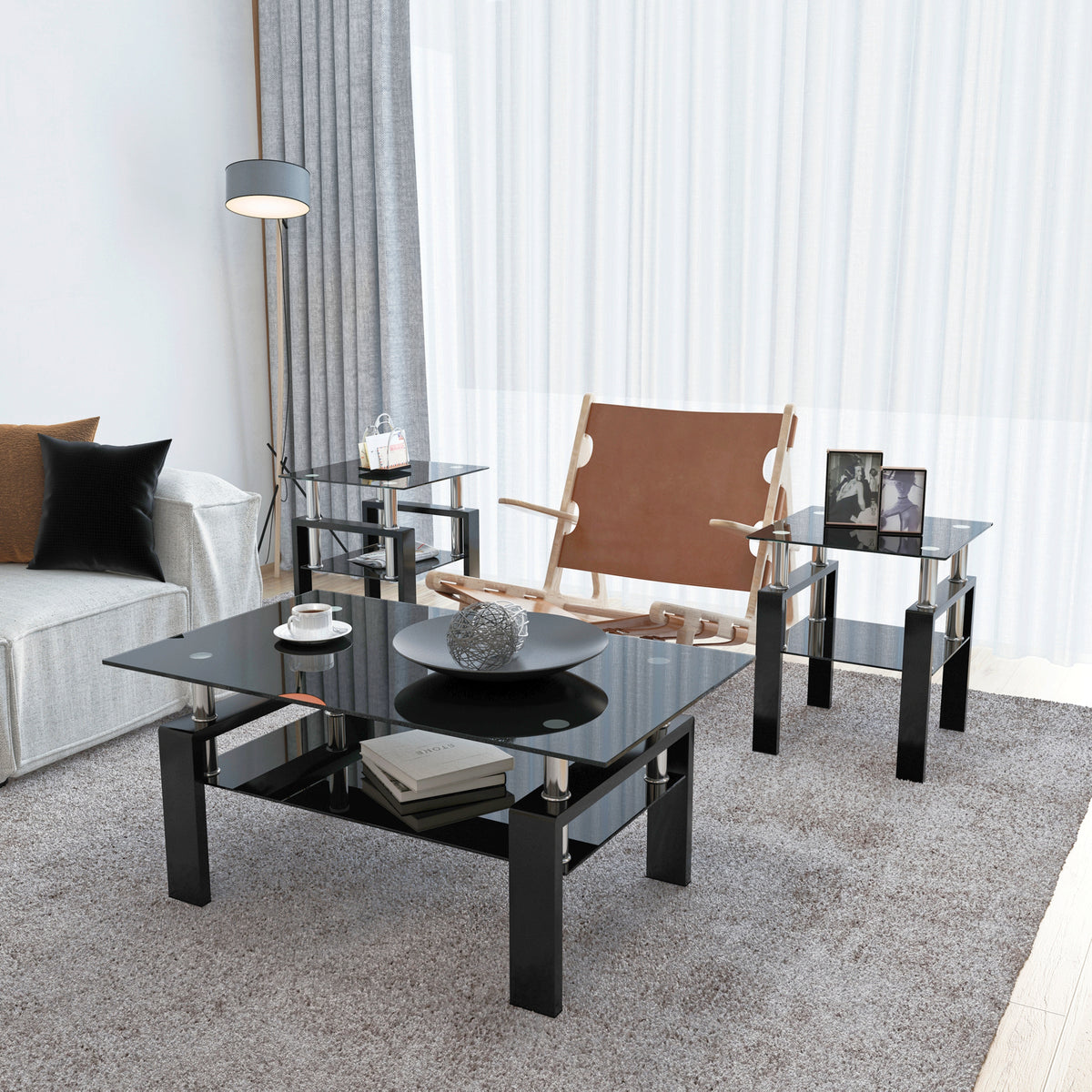 Set of 2, Modern Tempered Glass Tea Table Coffee Table End Table, Square Table for Living Room, Black - American Smart