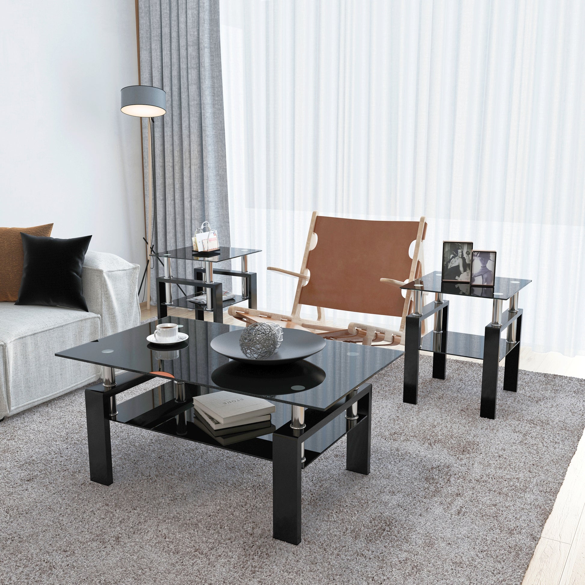Set of 2, Modern Tempered Glass Tea Table Coffee Table End Table, Square Table for Living Room, Black - American Smart