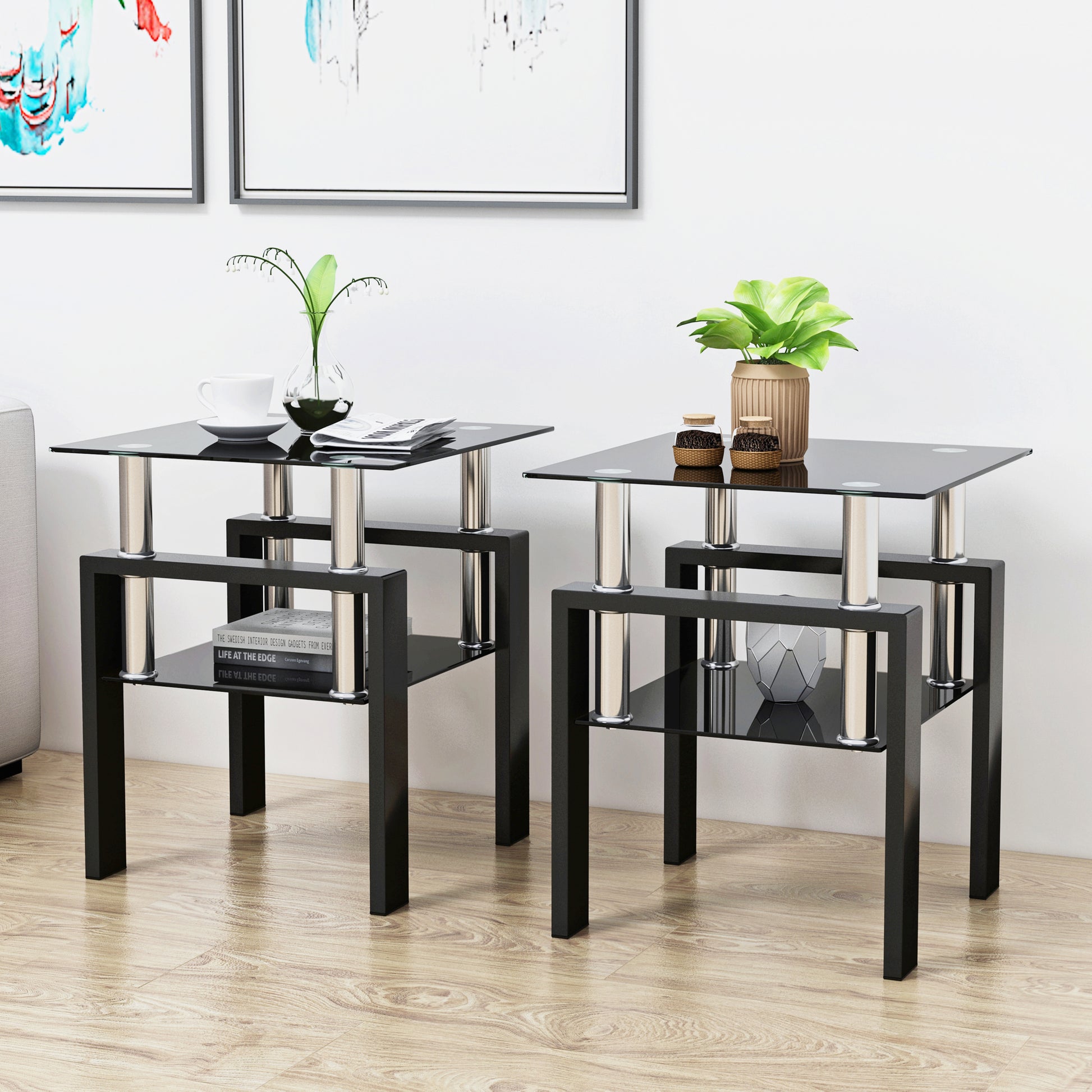 Set of 2, Modern Tempered Glass Tea Table Coffee Table End Table, Square Table for Living Room, Black - American Smart