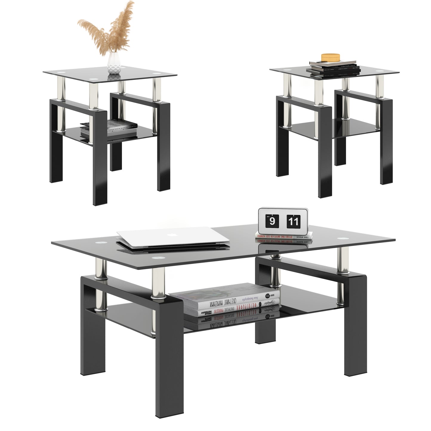 Set of 2, Modern Tempered Glass Tea Table Coffee Table End Table, Square Table for Living Room, Black - American Smart