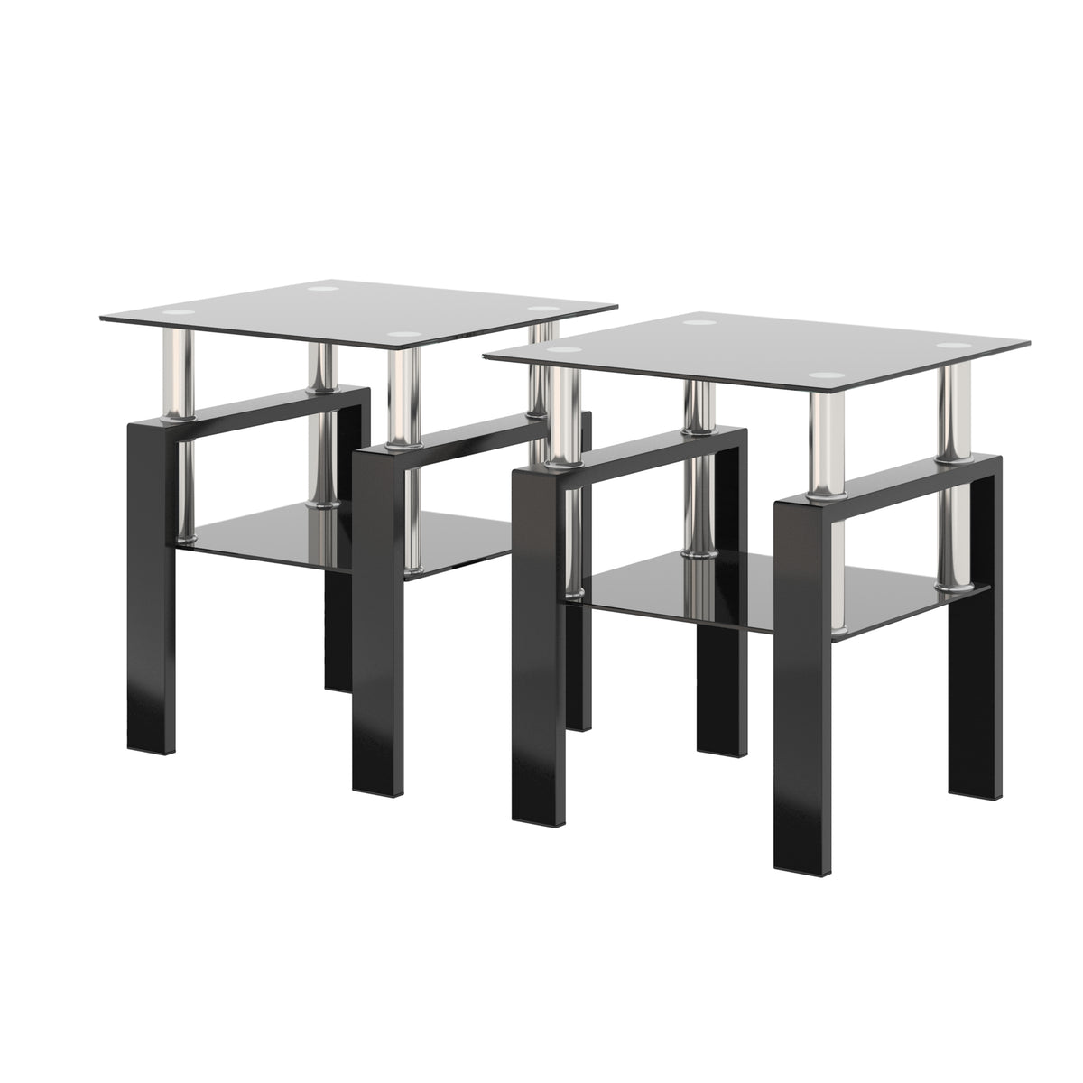 Set of 2, Modern Tempered Glass Tea Table Coffee Table End Table, Square Table for Living Room, Black - American Smart