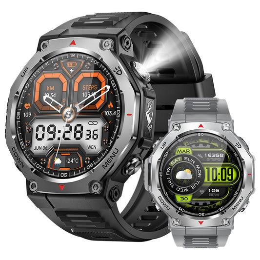 eprolo KT85 smart watch with Bluetooth calls, flashlight, heart rate monitor, oximeter, and step tracker in a durable outdoor design