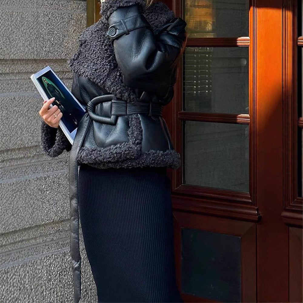 Eprolo women's short winter jacket with collar and fur trim, waist-cinching fashionable coat for autumn and winter wear.