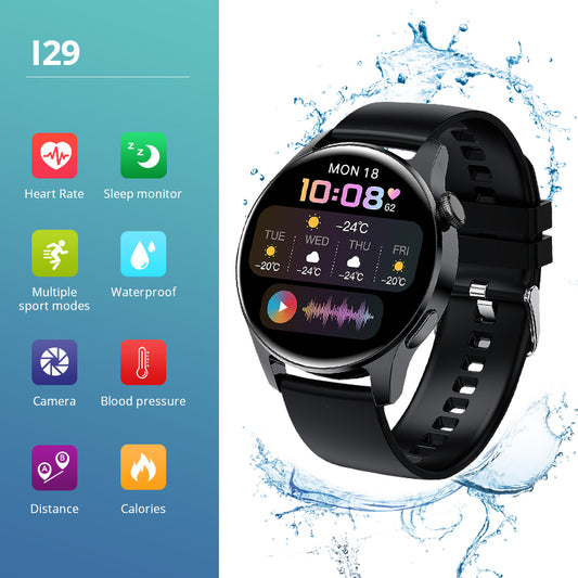 eprolo I29 smart bracelet showing heart rate monitor, blood pressure, blood oxygen, music control, and Bluetooth call features.