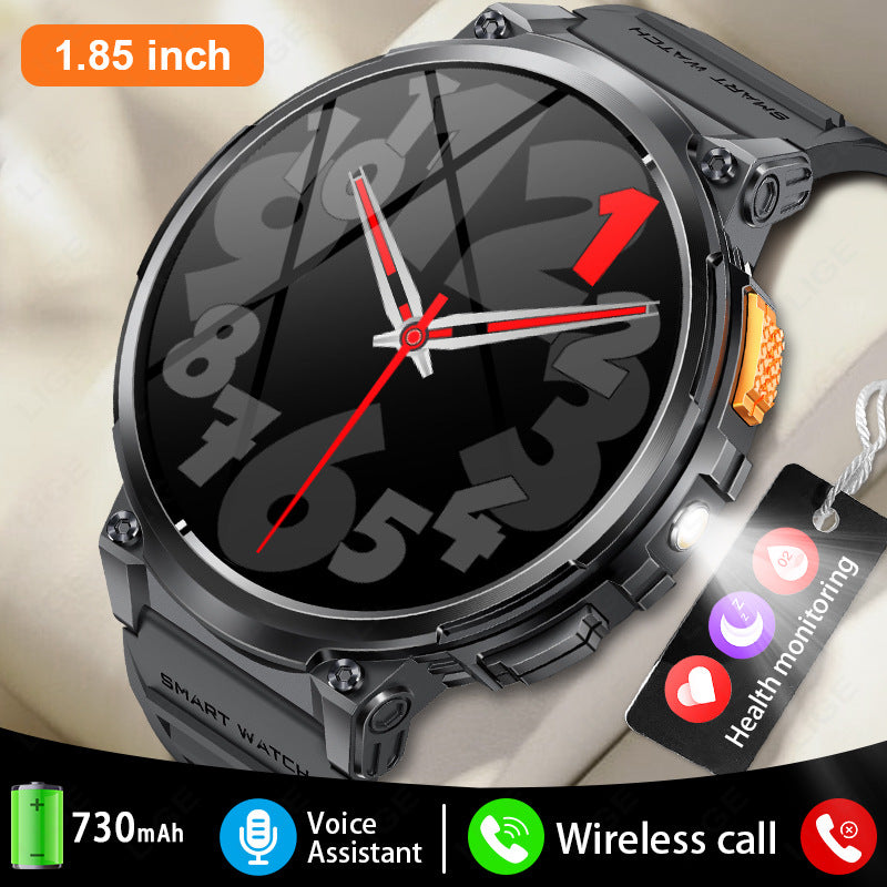 Black eprolo K66 outdoor sports smartwatch for men with flashlight, silicone strap, digital display, and fitness tracking features.