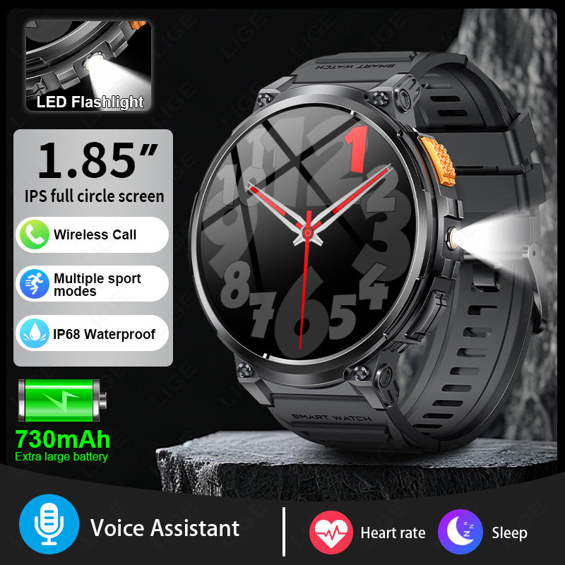 Black silicone strap eprolo K66 outdoor sports smart watch for men with built-in flashlight, fitness tracking, and digital display.