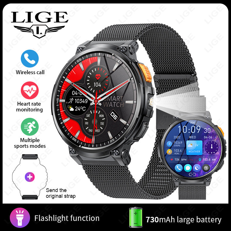 Black silicone strap eprolo K66 outdoor sports smartwatch with flashlight for men, showing the watch face and sporty design.