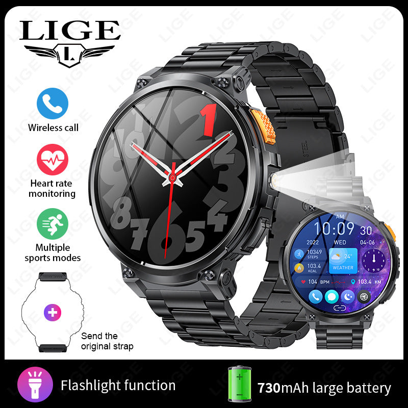 Black eprolo K66 outdoor sports smartwatch for men with flashlight, silicone strap, fitness tracking, and digital display.