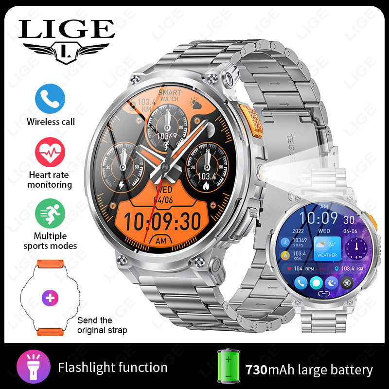 Black silicone strap eprolo K66 outdoor sports smart watch with flashlight for men, showing the watch face and side buttons.