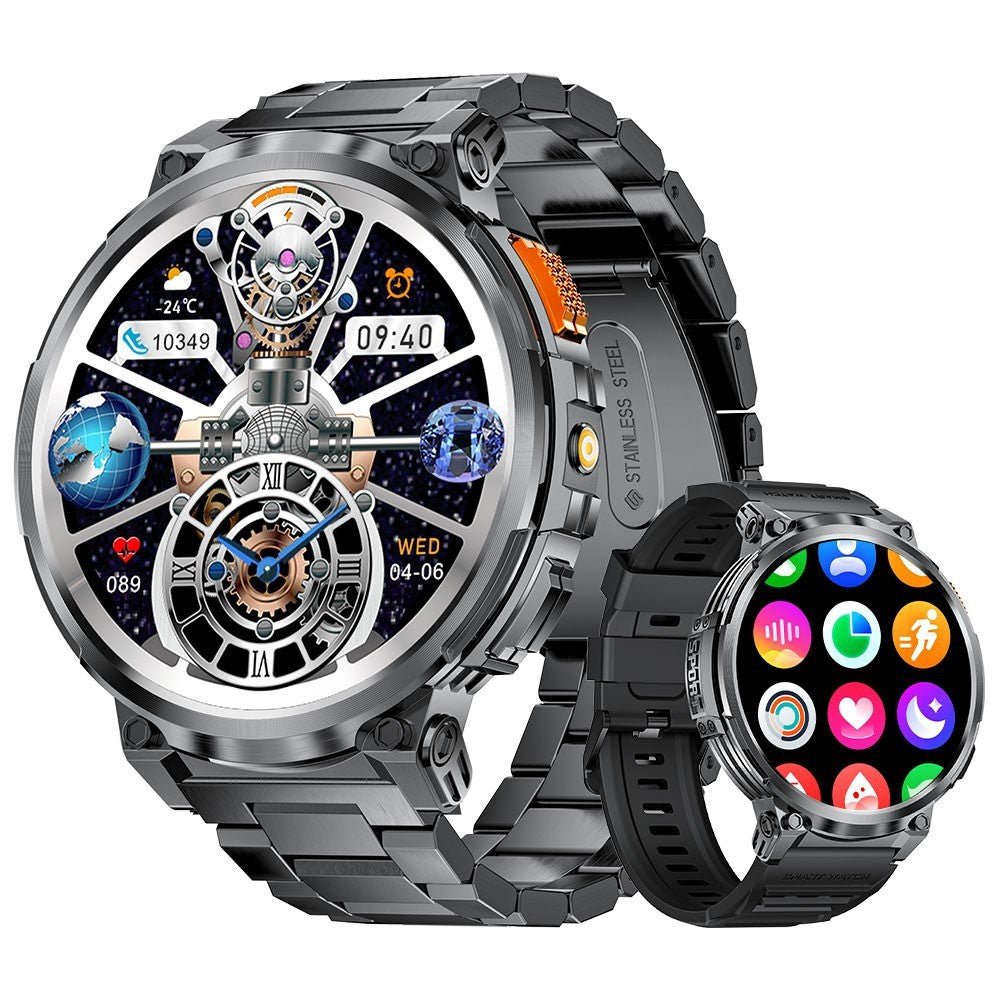 Black silicone strap eprolo K66 outdoor sports smart watch for men with built-in flashlight, fitness tracking, and digital display.