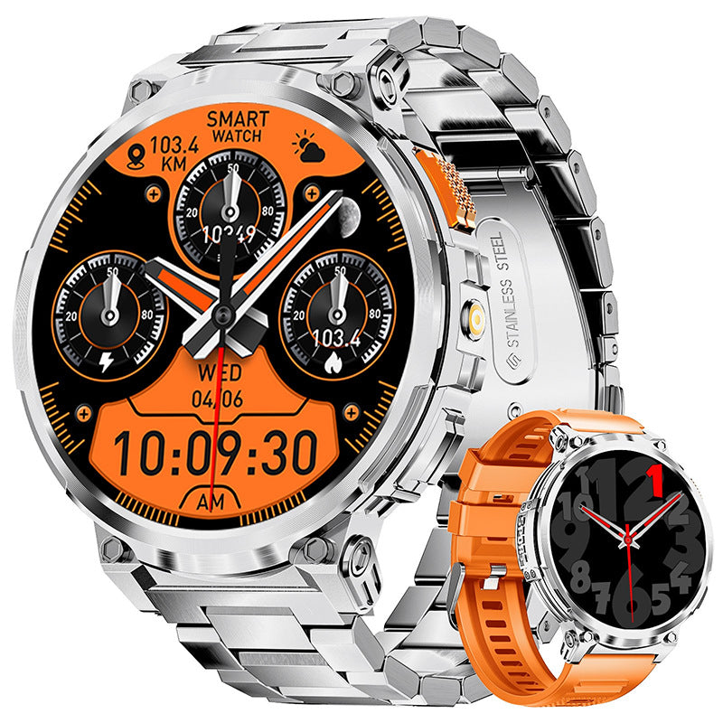 Black eprolo K66 outdoor sports smartwatch with flashlight and silicone strap for men, showing a digital display and sporty design.