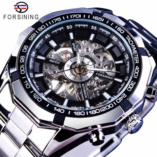 Silver stainless steel waterproof men's skeleton wrist watch by eprolo featuring a transparent mechanical dial and luxury design.