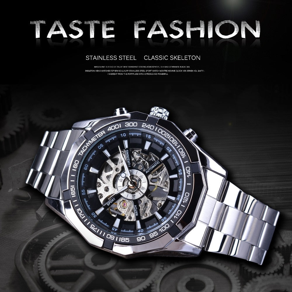 Silver stainless steel waterproof men's skeleton wristwatch with transparent mechanical movement by eprolo.