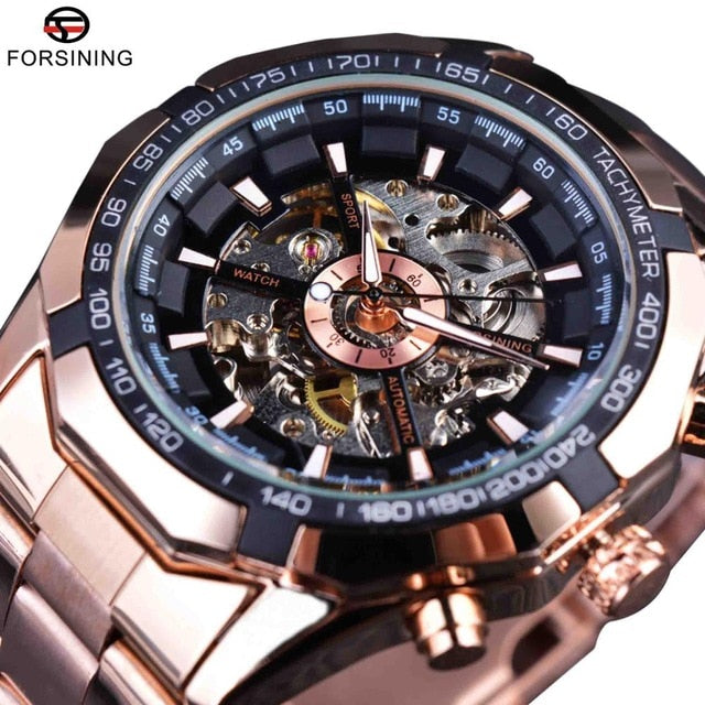 Silver stainless steel waterproof men's skeleton wristwatch by eprolo with transparent mechanical movement and luxury design.