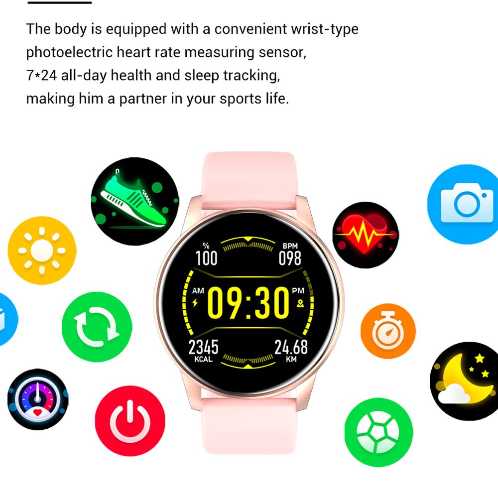 Eprolo women’s smart watch with real-time weather, activity tracker, heart rate monitor, and fitness features for Android and iOS.