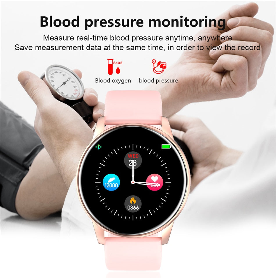 Eprolo women's smart watch with real-time weather, activity tracker, heart rate monitor, suitable for Android and iOS.