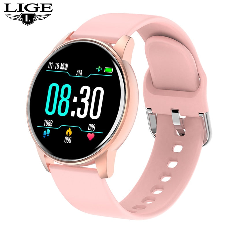 Women’s smart watch by eprolo with real-time weather, activity tracking, heart rate monitor, and fitness features for Android and iOS.
