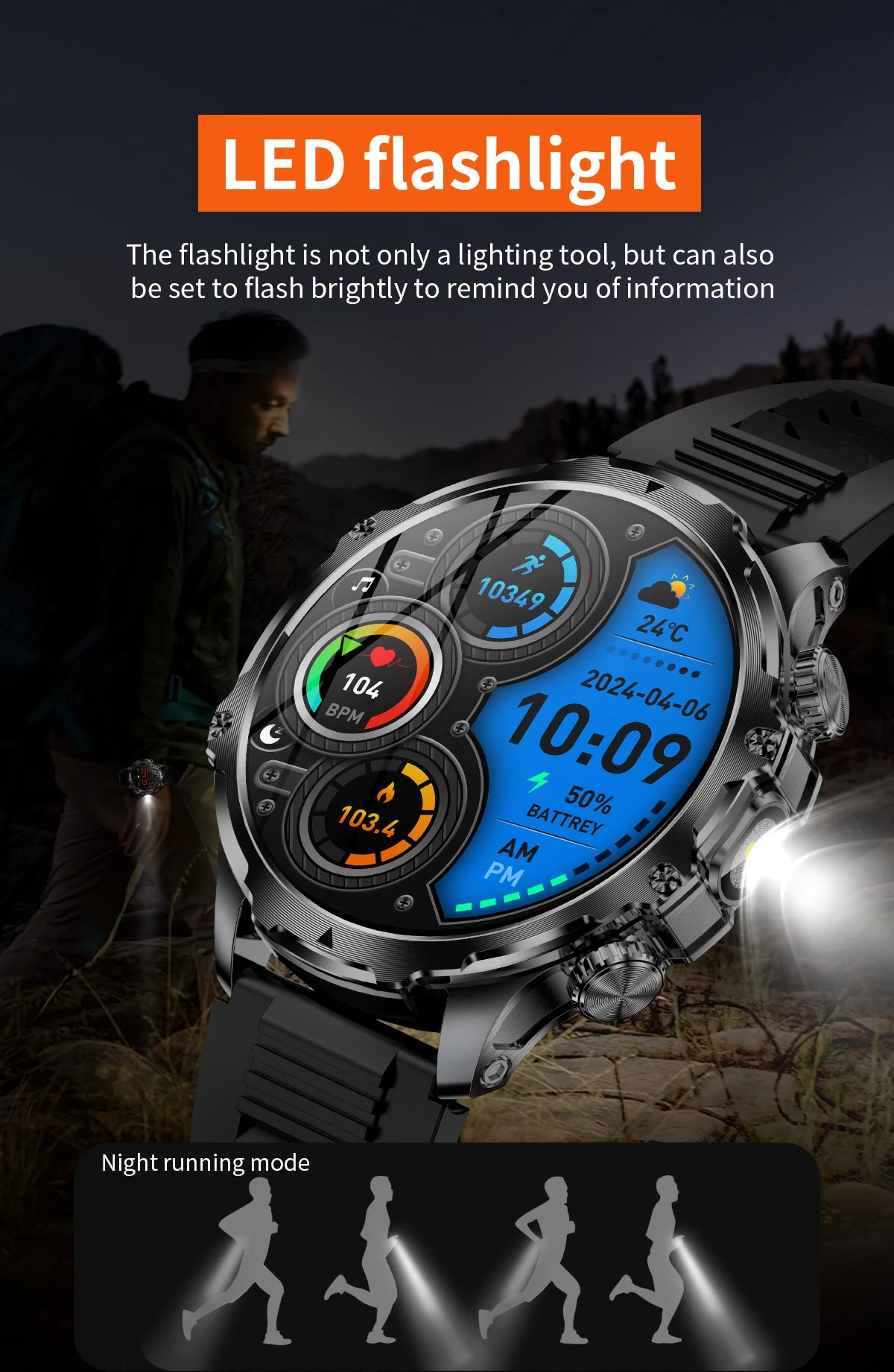 AK75 Smart Watch Flashlight  Men Outdoors Sports Fitness Tracker 700mah Large Battery BT Calling LED Light Smartwatch - American Smart