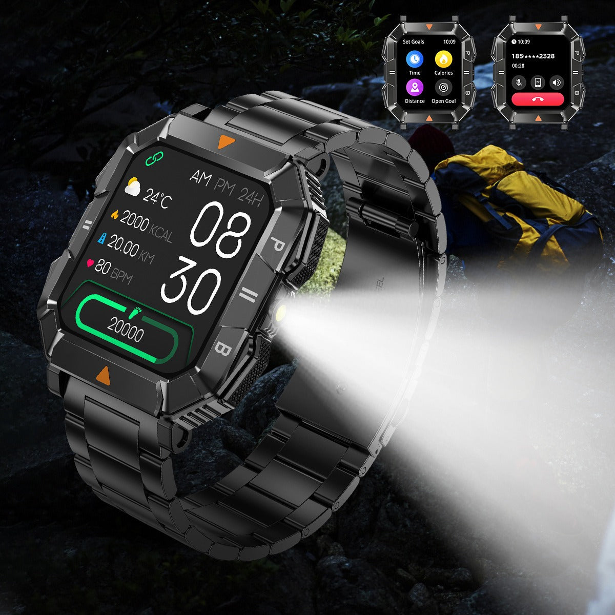 Eprolo YK03 smartwatch with Bluetooth call, flashlight, waterproof design, heart rate, blood oxygen, and sports health monitoring features.