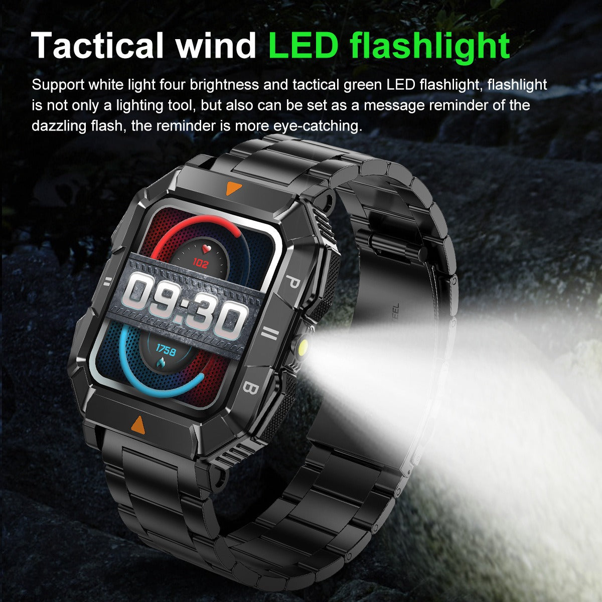 Eprolo YK03 smartwatch with Bluetooth call, flashlight, waterproof design, heart rate, blood oxygen, and sports health monitoring features.
