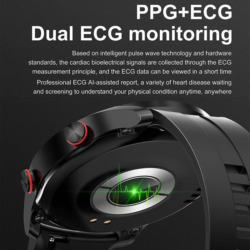 Eprolo HW20 smart watch with large screen, stainless steel strap, displaying ECG and PPG health data, Bluetooth call feature.