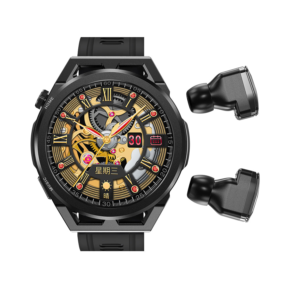 Black eprolo N18 smart watch with TWS dual earbuds, Bluetooth, NFC, heart rate, and blood pressure health monitoring.