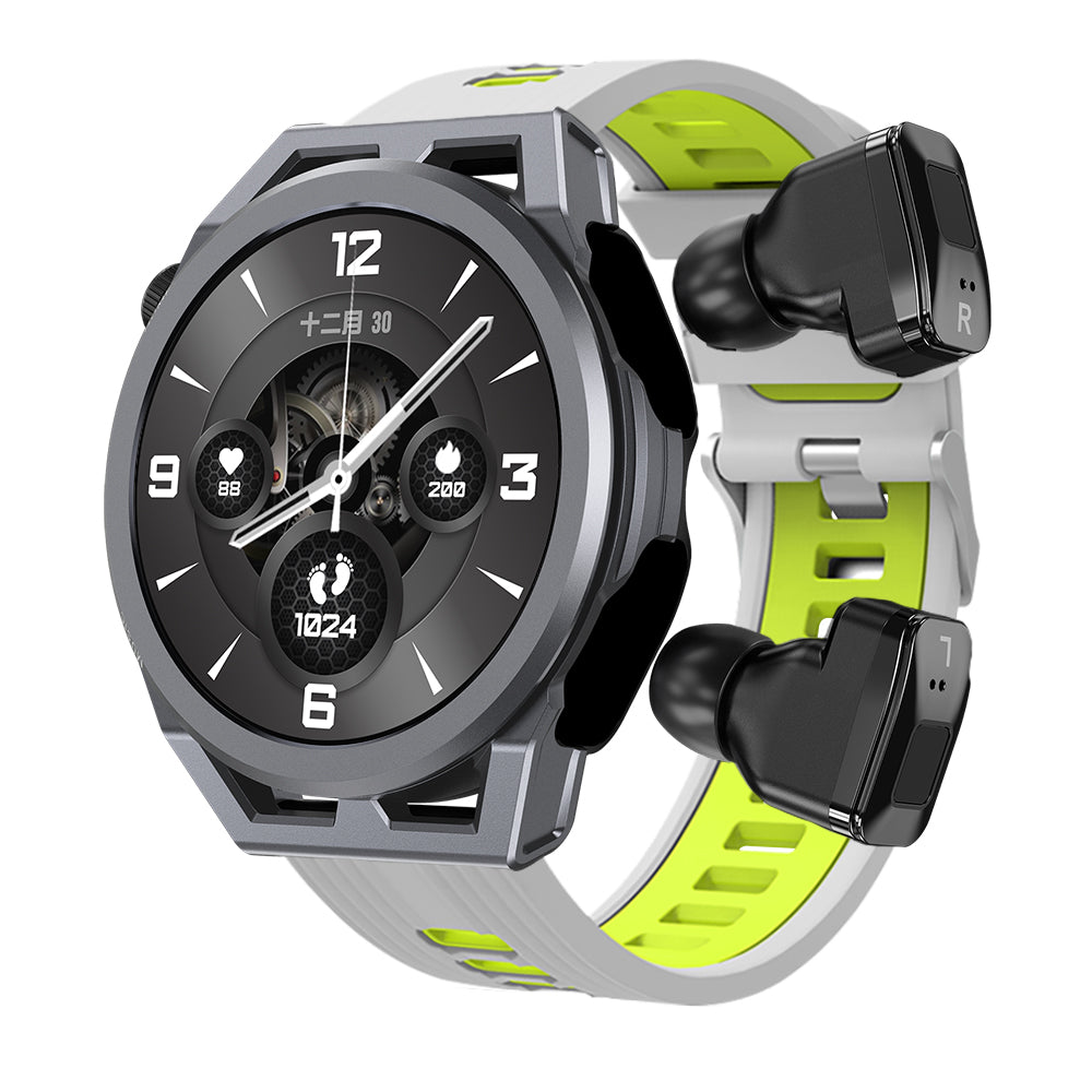 Eprolo N18 smart watch with black strap showing heart rate and blood pressure monitoring, Bluetooth TWS two-in-one health device