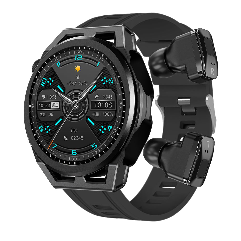 Black eprolo N18 smart watch with TWS earbuds, Bluetooth, NFC, heart rate, blood pressure monitoring, and local playback features.