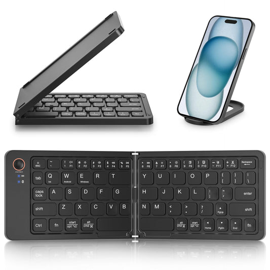 Eprolo ultra slim folding portable Bluetooth keyboard with dual-mode connectivity and one-click pairing, shown in a compact open position.
