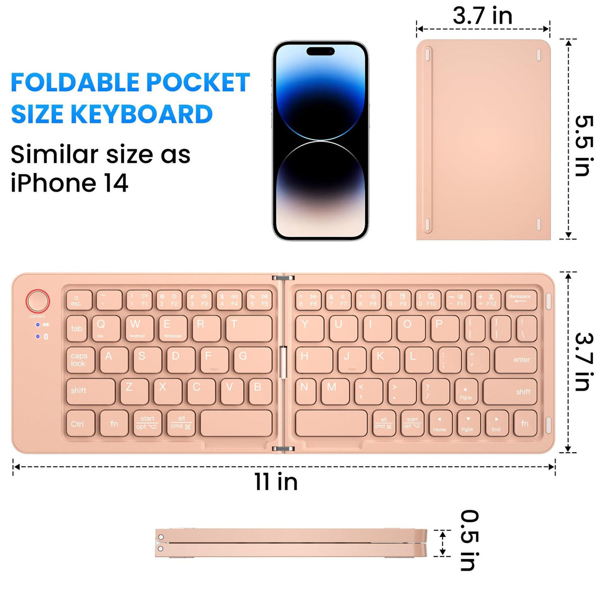 Eprolo ultra slim folding portable Bluetooth keyboard with dual-mode connection and one-click pairing, shown in a closed position.