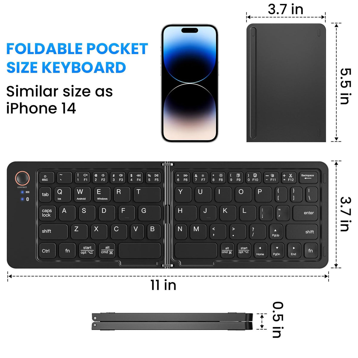 Eprolo ultra slim folding portable Bluetooth keyboard with dual-mode connection and one-click pairing, shown in a compact open position.
