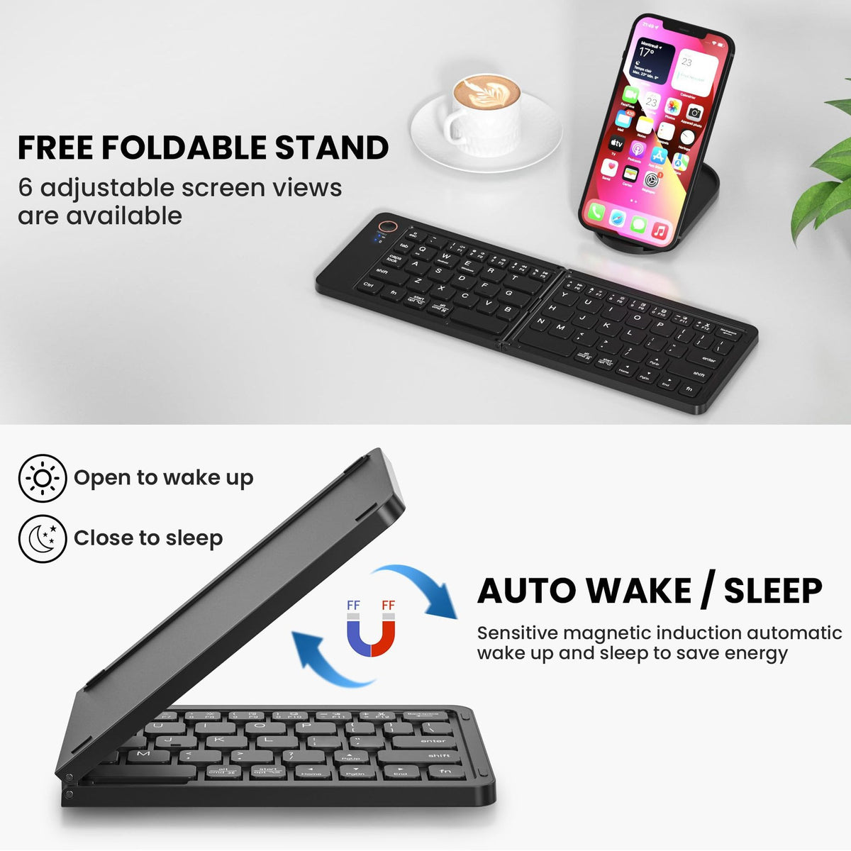 Eprolo ultra slim folding portable Bluetooth keyboard with dual-mode connection, lightweight design, and one-click pairing.