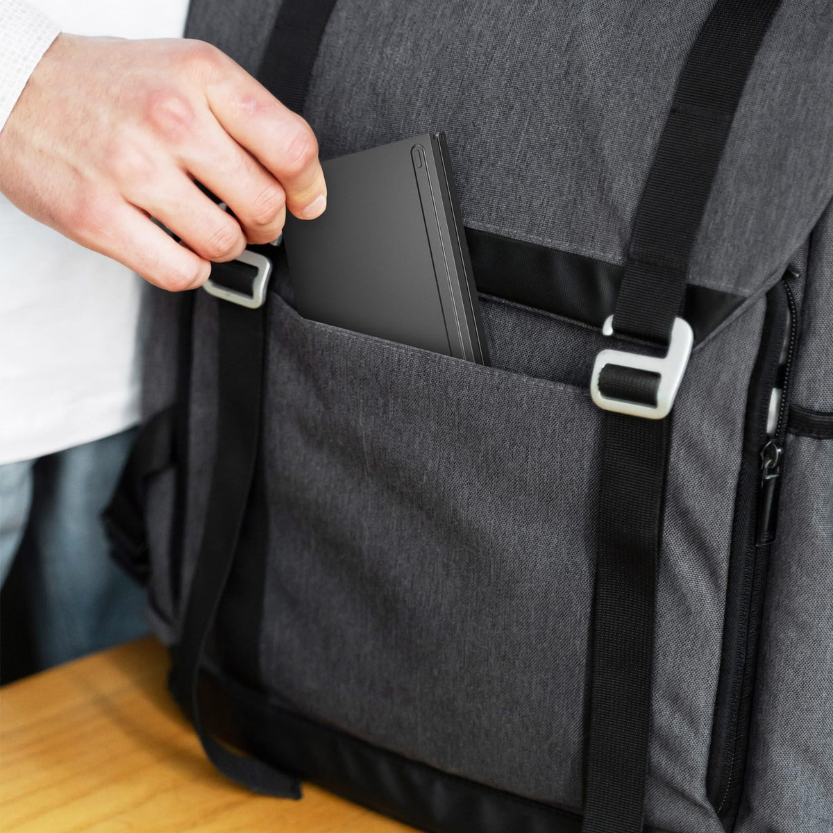 Eprolo ultra slim folding portable Bluetooth keyboard with dual-mode connectivity and one-click pairing, shown in a compact, folded design.
