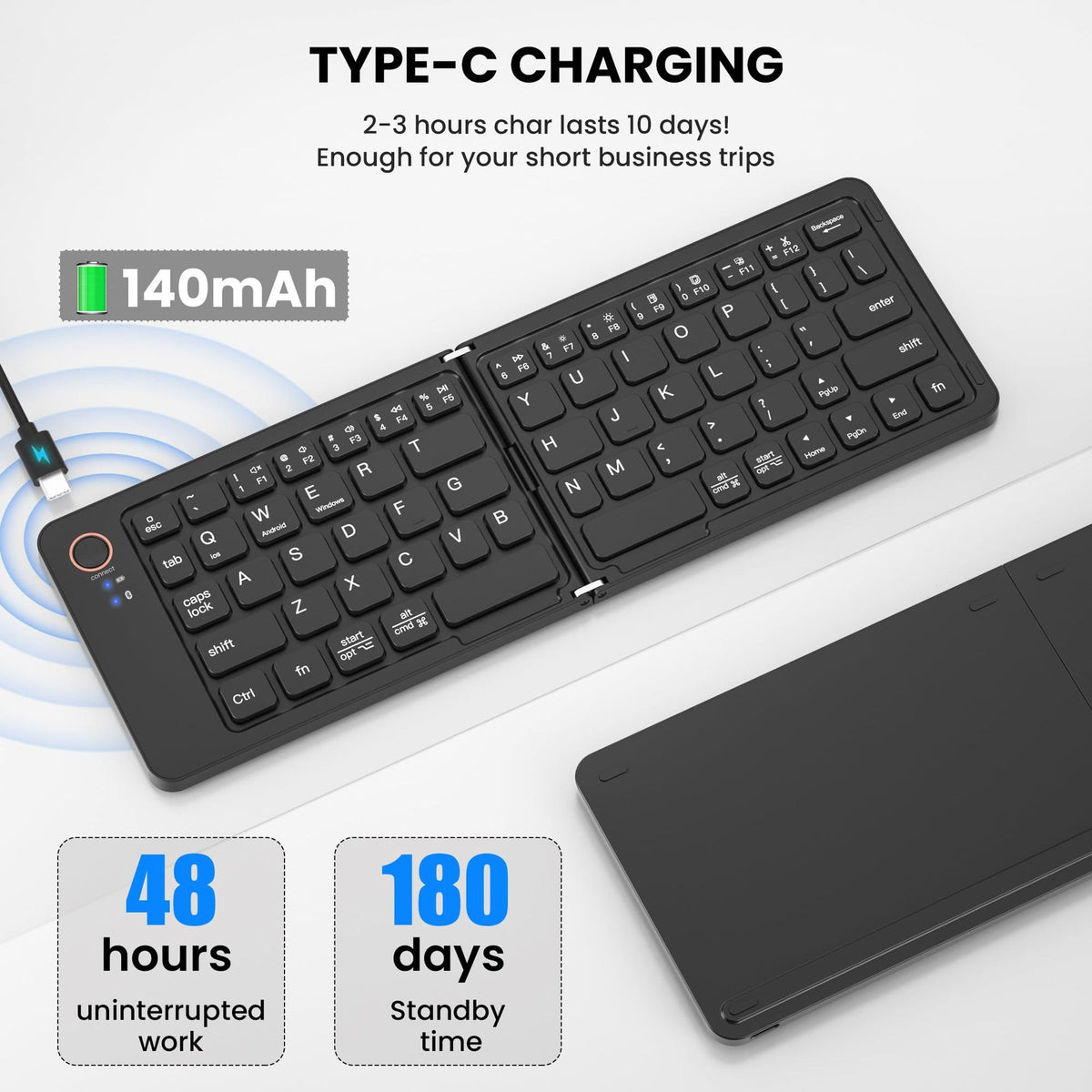 Eprolo ultra slim folding portable Bluetooth keyboard with dual-mode connection and one-click pairing, shown in a compact, folded state.