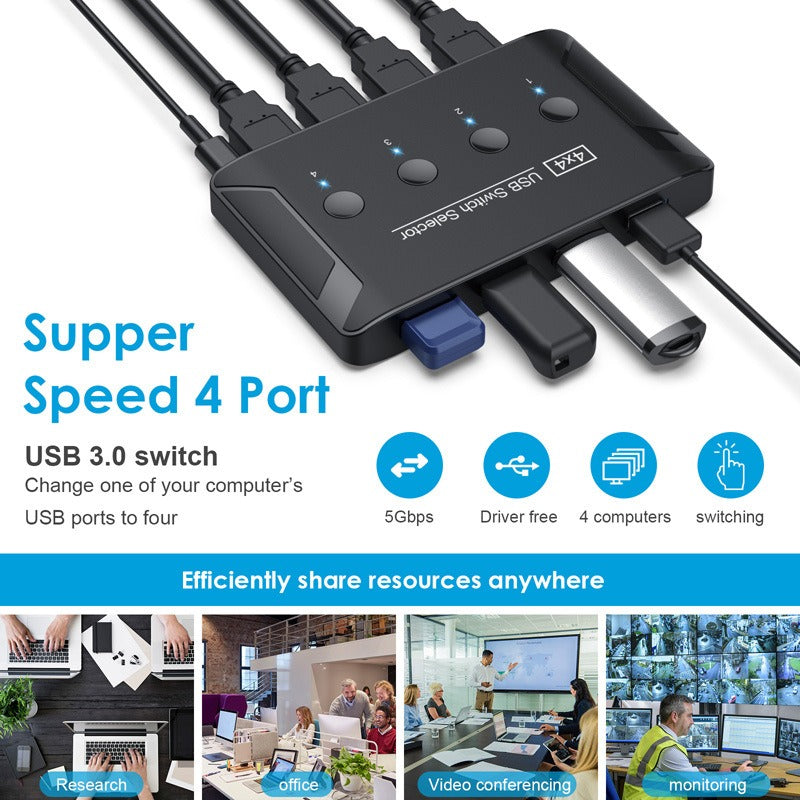 eprolo USB 3.0 multi-interface four-in-four-out hub with shared printer and multi-computer switch for efficient device sharing