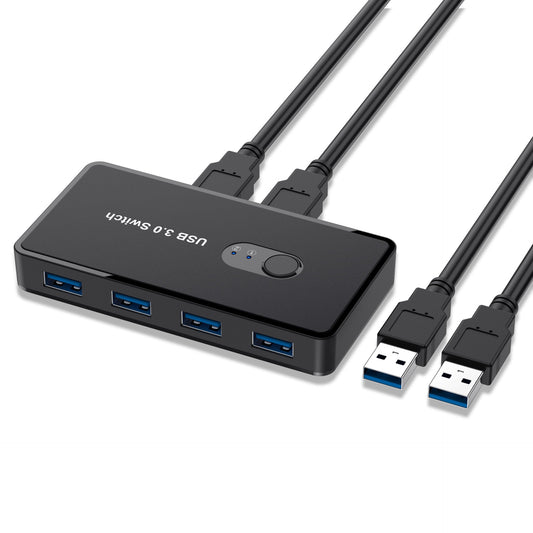 eprolo USB 3.0 4-port switch adapter with multiple USB peripherals connected, showing a compact black hub on a desk.