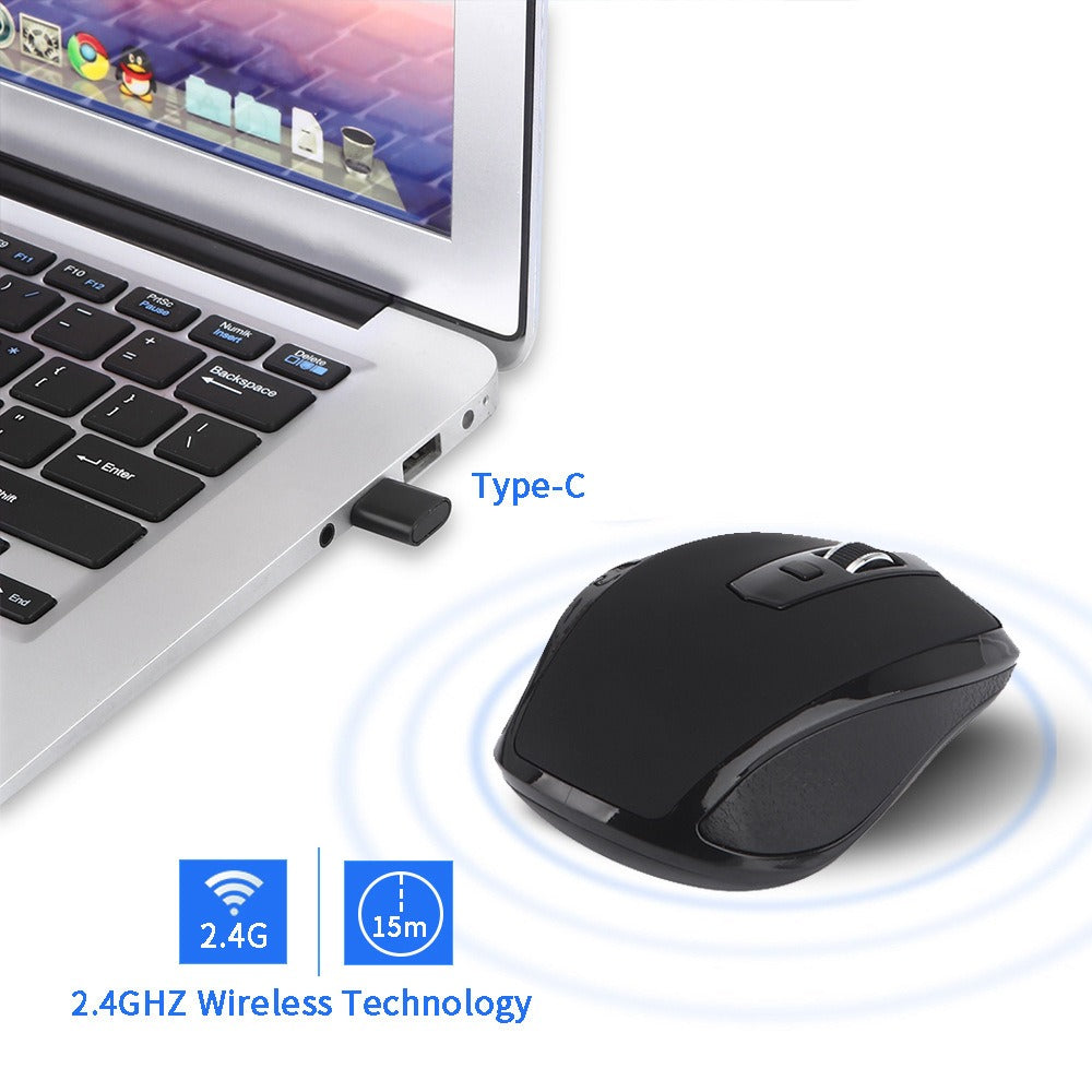 Wireless USB-C eprolo mouse for office and gaming, featuring silent click design and ergonomic shape for laptop use