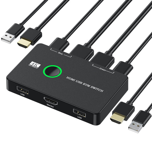 eprolo USB HDMI KVM switch for 2 computers sharing keyboard, mouse, printer, and high-definition display.