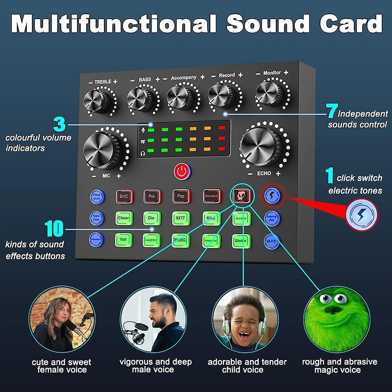 eprolo black V8S audio mixer with voice changer, podcast sound card for phone gaming, karaoke, studio, and live streaming.